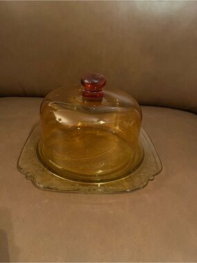 Vtg Yellow Depression Glass Serving Platter w/ Amber Glass Dome